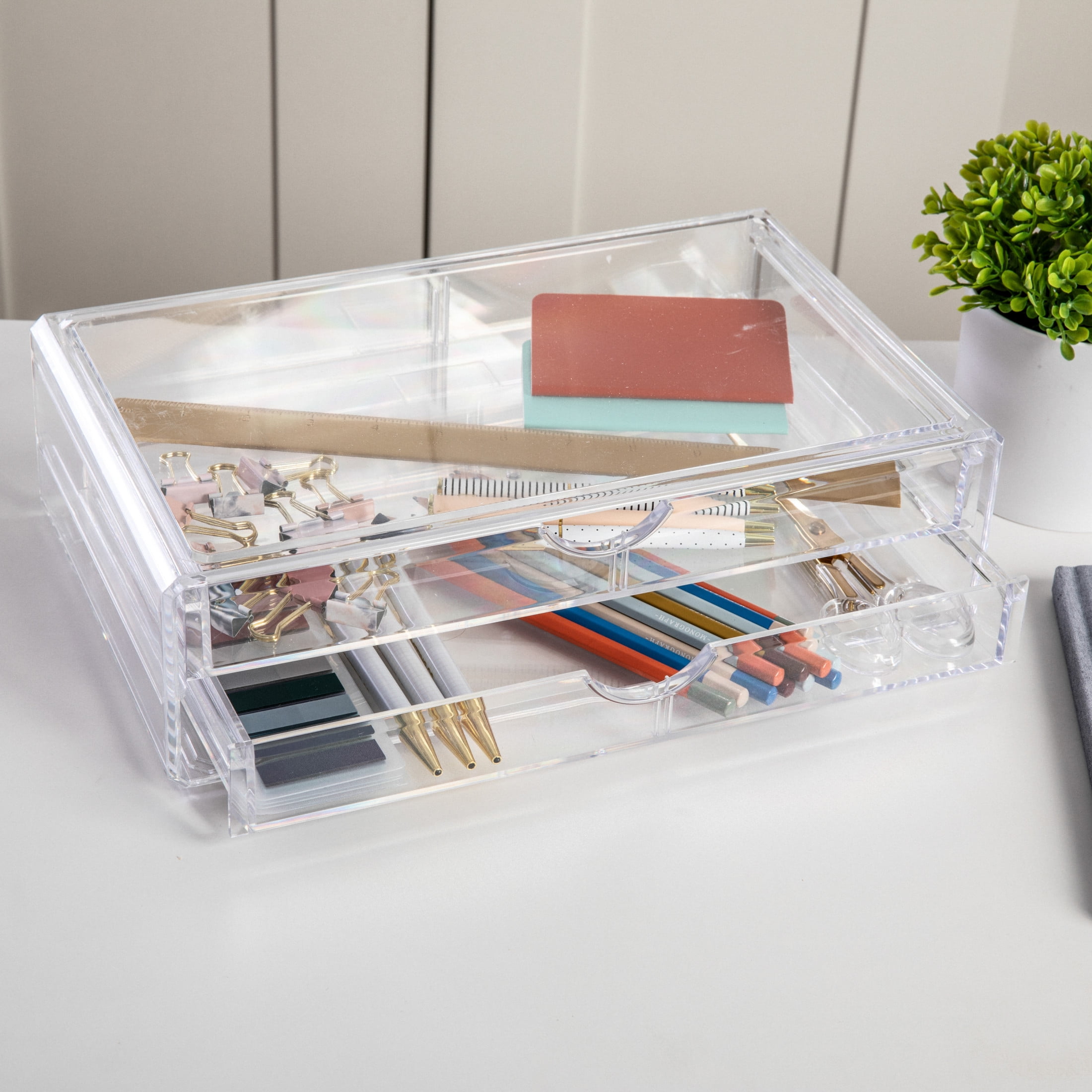 Martha Stewart Brody Plastic Stackable Office Desktop Organizer Box with 2 Drawers, 12.75" x 7.75"