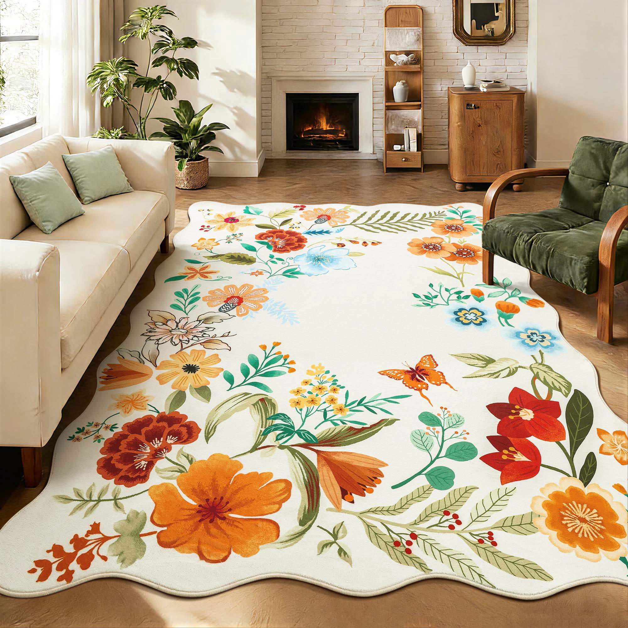 Carvapet 5'x7' Floral Living Room Rugs, Ultra-Thin Soft Area Rugs for Bedroom, Non-Slip Washable Boho Rug Low-Pile Throw mat for ‎Dining Room Office, Beige