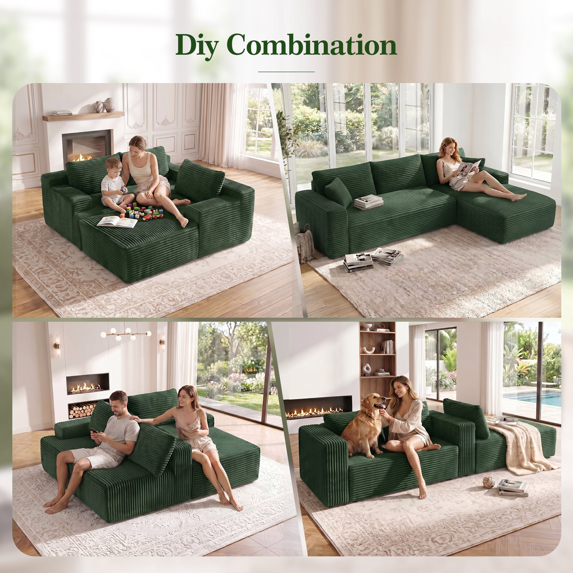 Aukfa 107" Boneless Modular Sectional Sofa, L-Shaped Corduroy Couch with Deep Seat and Right-Facing Chaise for Living Room, Emerald