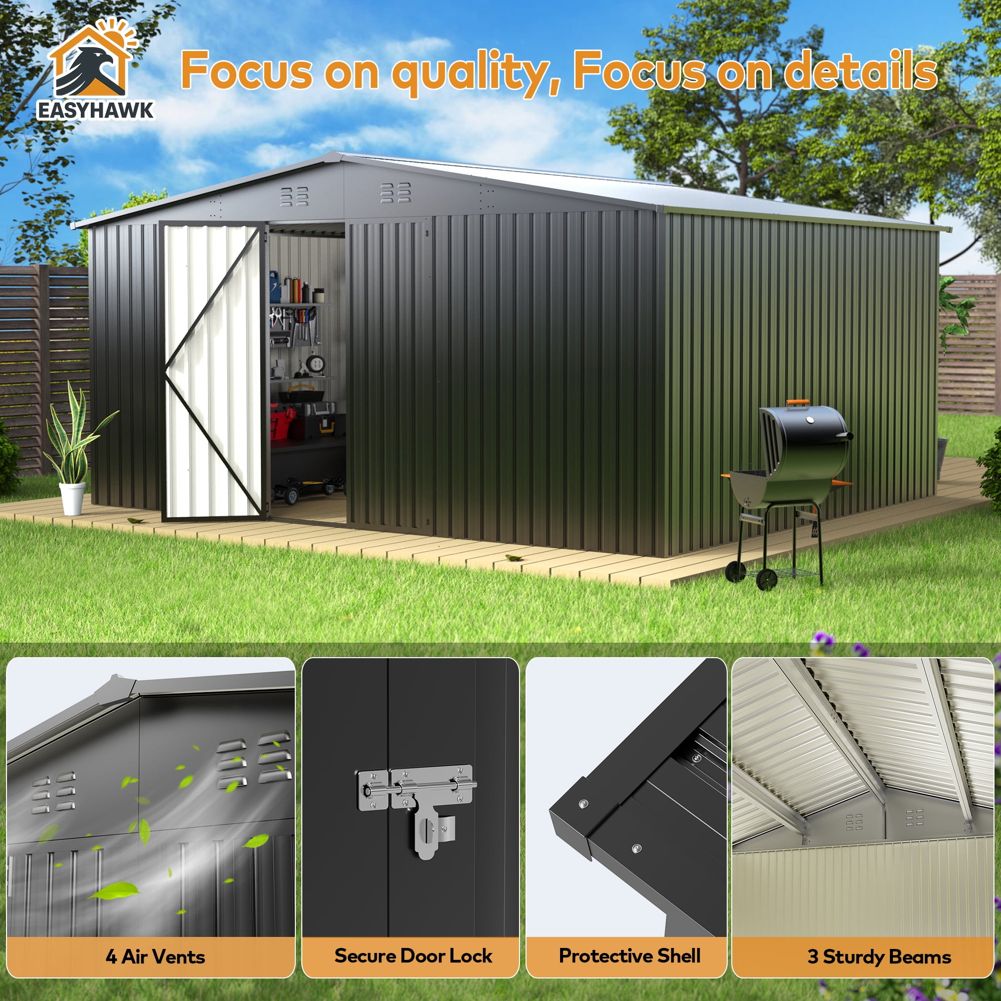 EasyHawk 14 ft x 12 ft Heavy-Duty Steel Metal Outdoor Storage Shed with Lockable Doors, Garden Shed for Backyard