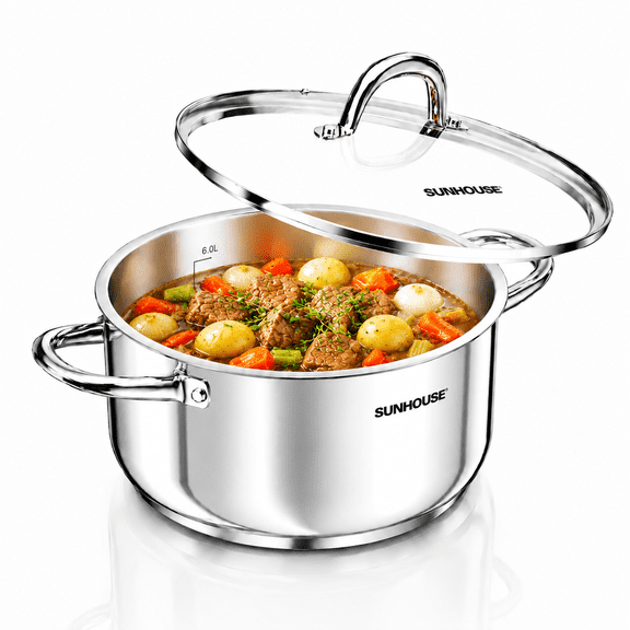 SUNHOUSE 8 Quart Stainless Steel Stock Pot with Lid - 3-Ply Bottom Pasta Cooking Canning Dutch Oven Pot - Induction Compatible for All Stovetops - Dishwasher Safe & Oven Safe