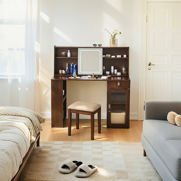 OUDOSPRS Walnut Elegant Makeup Vanity Desk, Features 3-Mode Adjustable Lighted Mirror, Modern Dressing Table with Shelves, Drawer and Cabinet