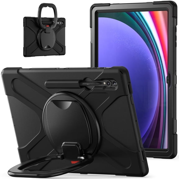 Case for Samsung Galaxy Tab S10 Ultra/S9 Ultra/S8 Ultra 14.6 inch, 360 Degree Rotating Hand Grip Shockproof Cover with Shoulder Strap, Black