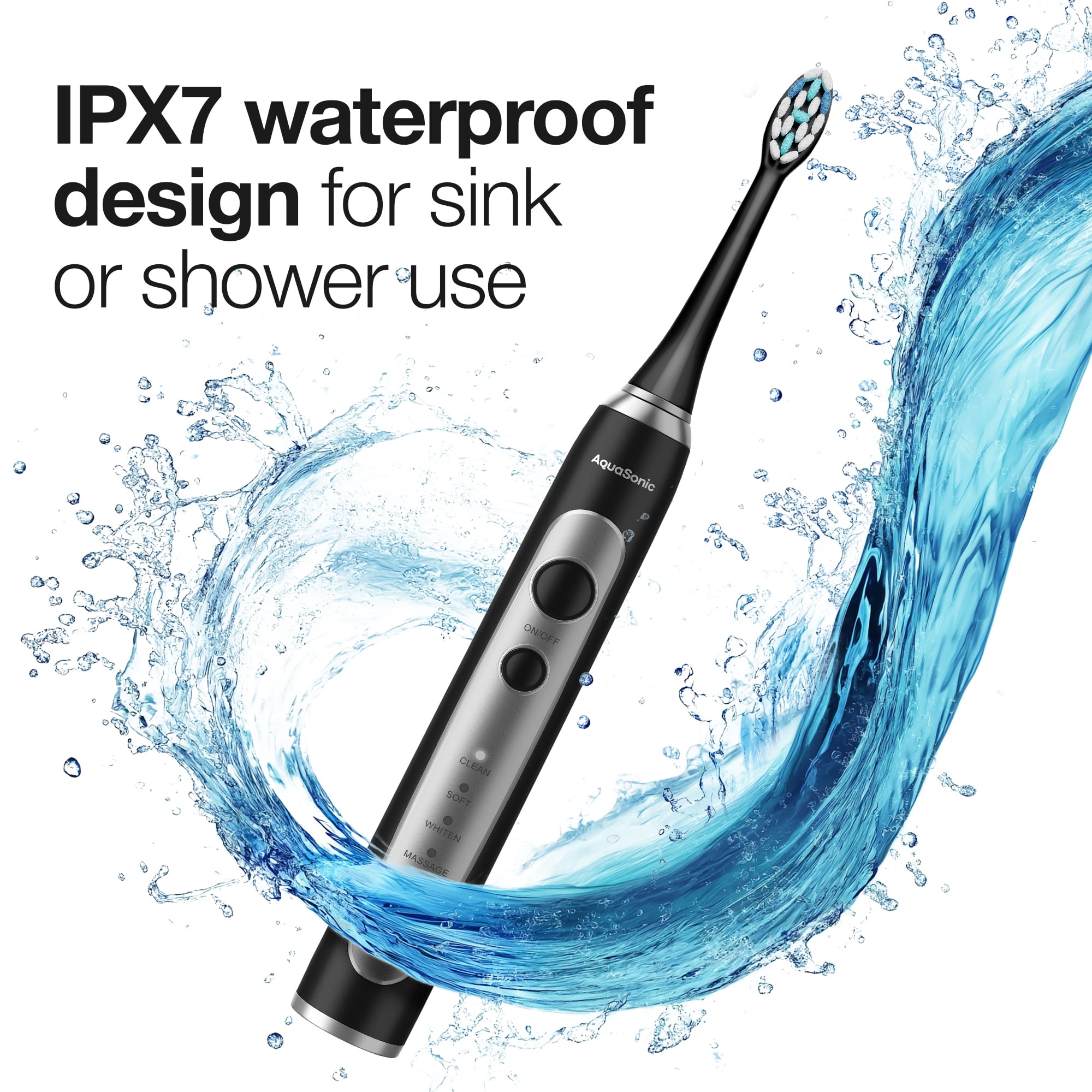 AquaSonic Precision Rechargeable Electric Toothbrush, 5 Modes, 4 Brush Heads, Travel Case, Black