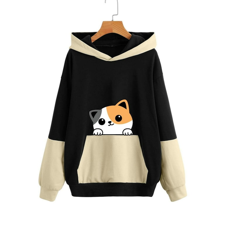 Juebong Teen Girls Cute Cat Print Front Kangaroo Pocket Sweatshirt