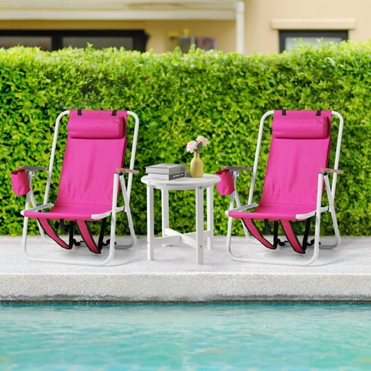 2 Pack Beach Chairs with Headrest & Cup Holder, Portable Backpack Camping Chairs 4-Position Lightweight Folding Chairs Support 265lbs - Pink