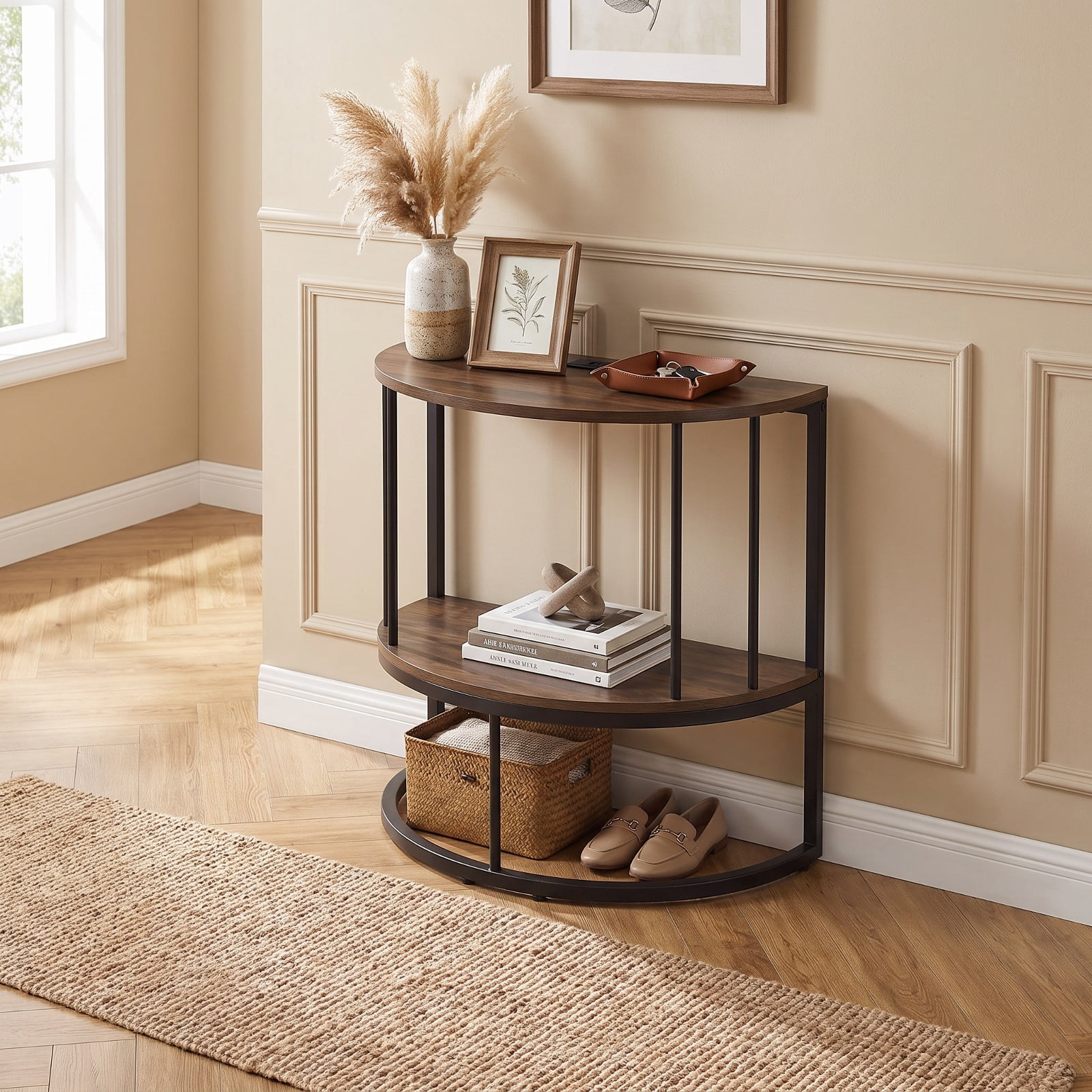 Furnibear 2 Tier Half Moon Console Table with Power Outlets and Storage Shelf for Entryway Hallway and Living Room Sofa, Rustic Brown