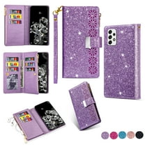 ELEHOLD for Samsung Galaxy S24 Stylish Flip Wallet Case,Bling Glitter Leather Zipper Pocket 9 Card Holders Stand Function Magnetic Clasp Detachable Wrist Strap Lanyard Purse Case,Purple