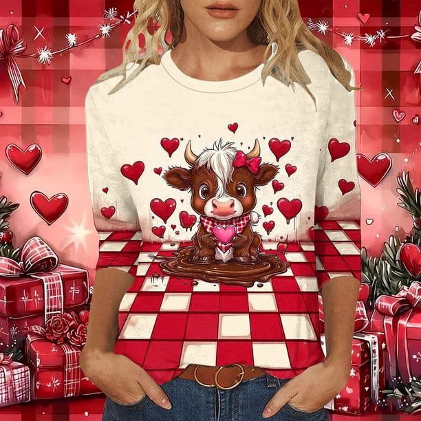 Xuyuer Valentine T Shirts Love Heart Printed Graphic Tee Tops Women's Casual 3/4 Sleeve T-Shirts Round Neck Cute Tunic Tops Basic Tees Blouses Business Work Tee Top Spring Shirts