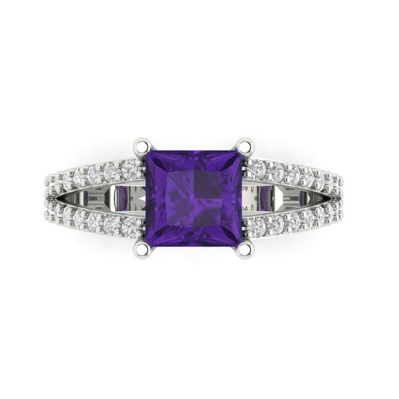 Clara Pucci 14K White Gold Solid Gold Amethyst Solitaire with Accents Anniversary Ring for Women - 2.48 cttw Princess Cut