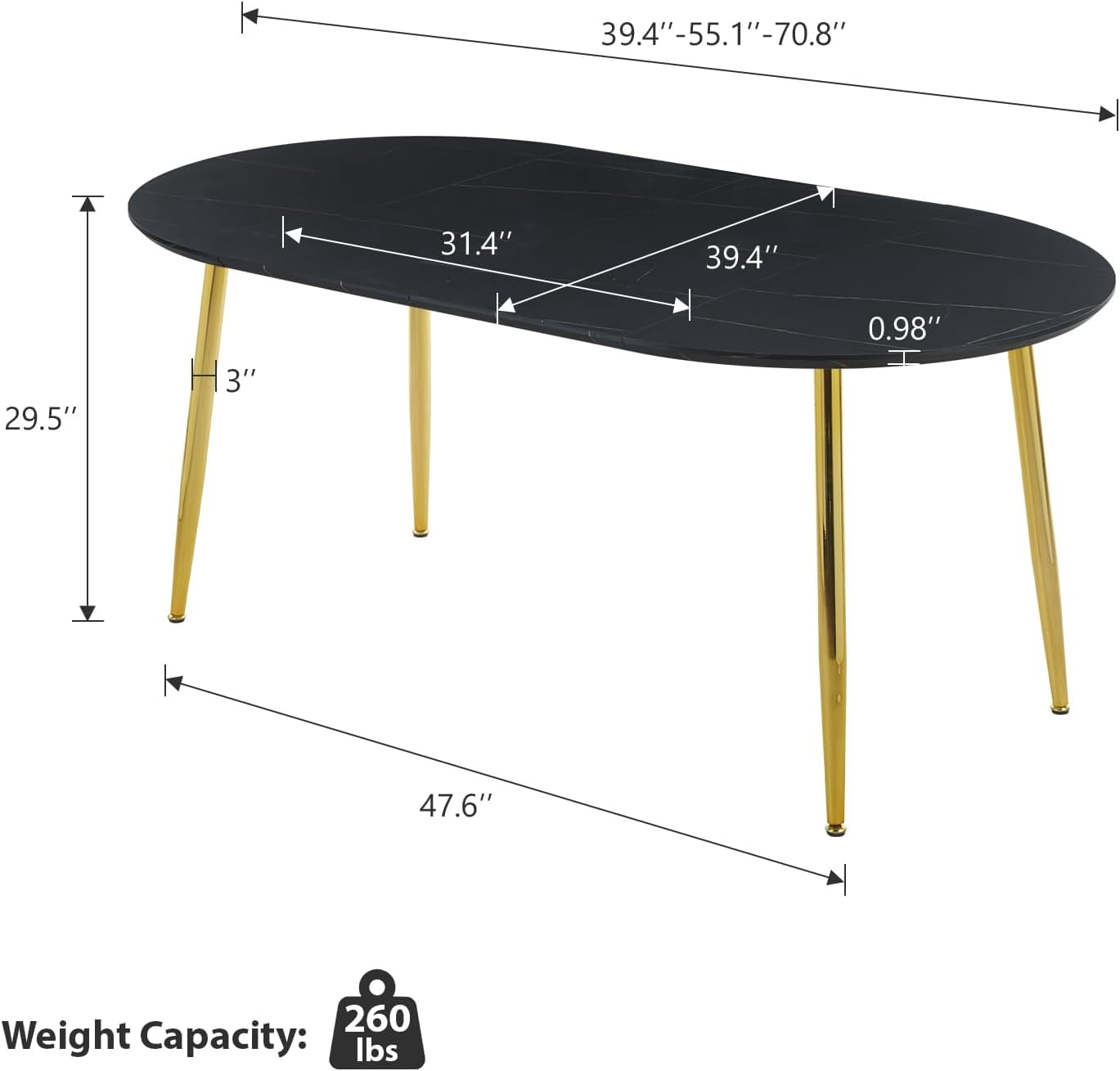 Lecut Oval Extendable Dining Room Table for 4-8 People, Extendable from 39.4" to 70.8", Modern Wooden Dining Table with MDF Tabletop and Metal Frame, Oval Kitchen Table for Home, Office