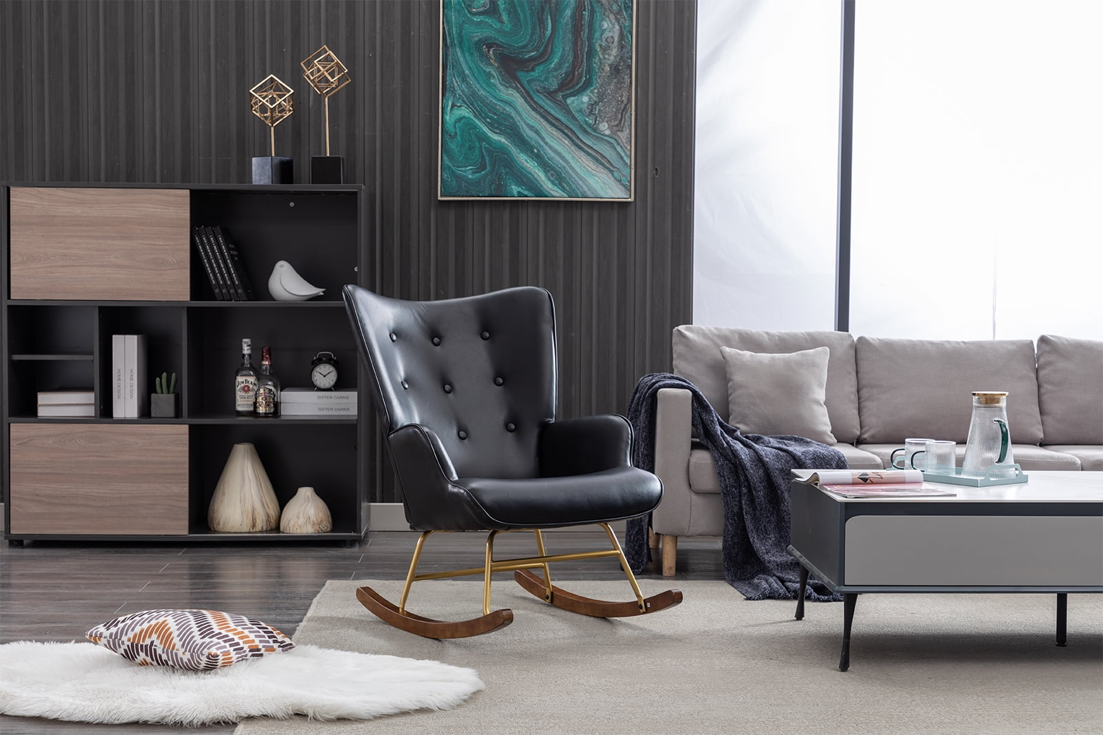 Guyou Modern Rocking Chair, Glider Nursery Chair with Tufted Wingback, Faux Leather Upholstered Accent Armchair for Living Room Bedroom Nursery, Black