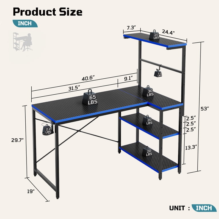 RSPGAME 42" L-Shaped Gaming Desk with LED Lights, Blue photo 7