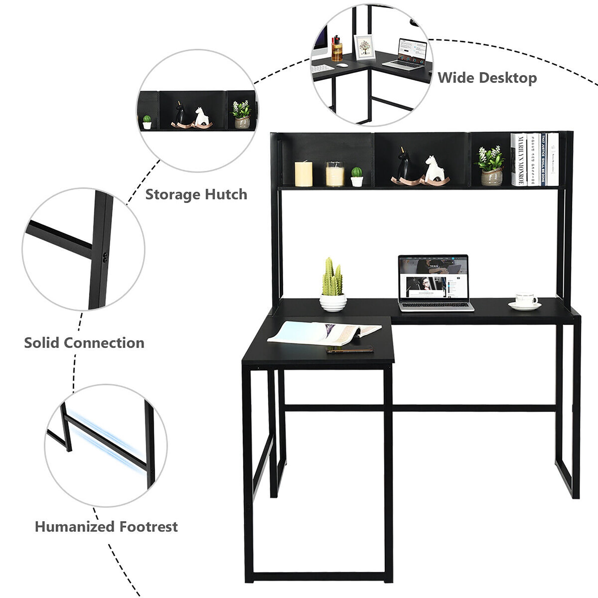 Costway 55'' L-Shaped Desk Corner Computer Desk w/Hutch Black