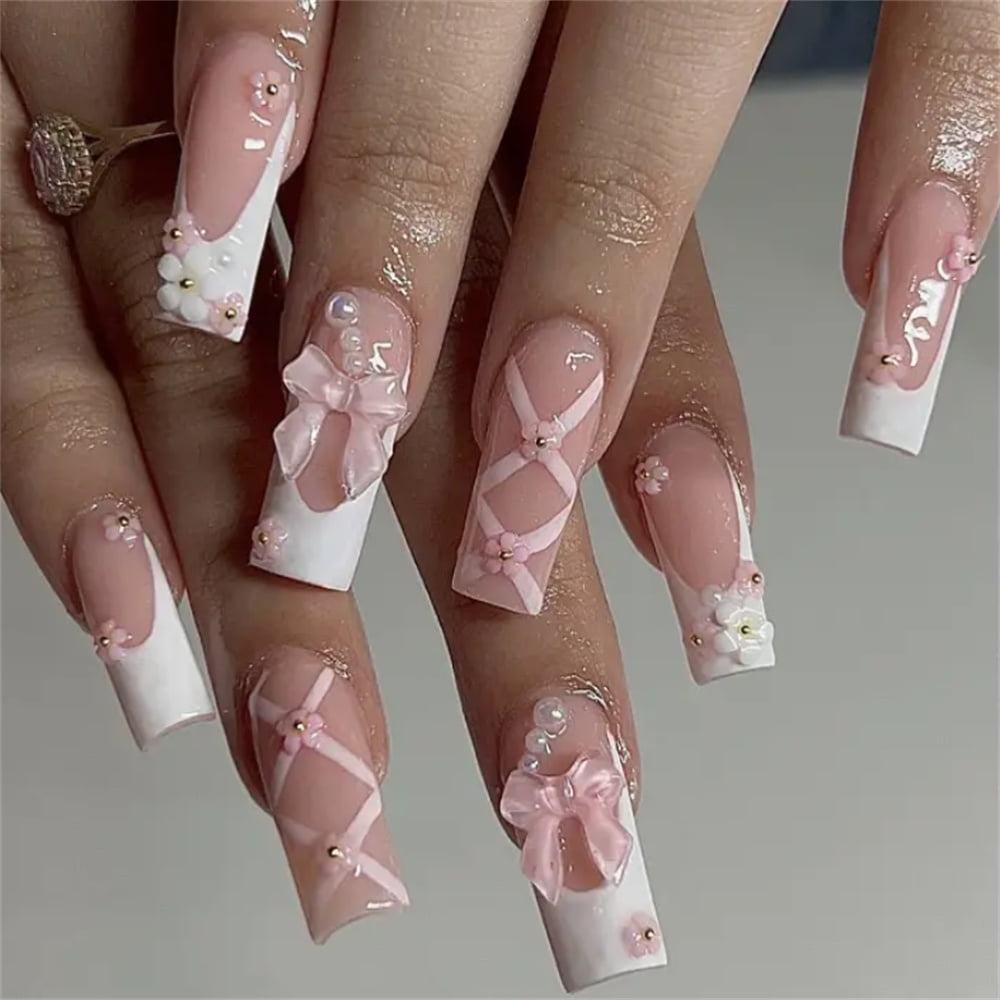 FineInno Press On Nägel Kurz Mit Strass – 24-teiliges Set, Ballerina-Form, Rosa, Inkl. Klebepads
