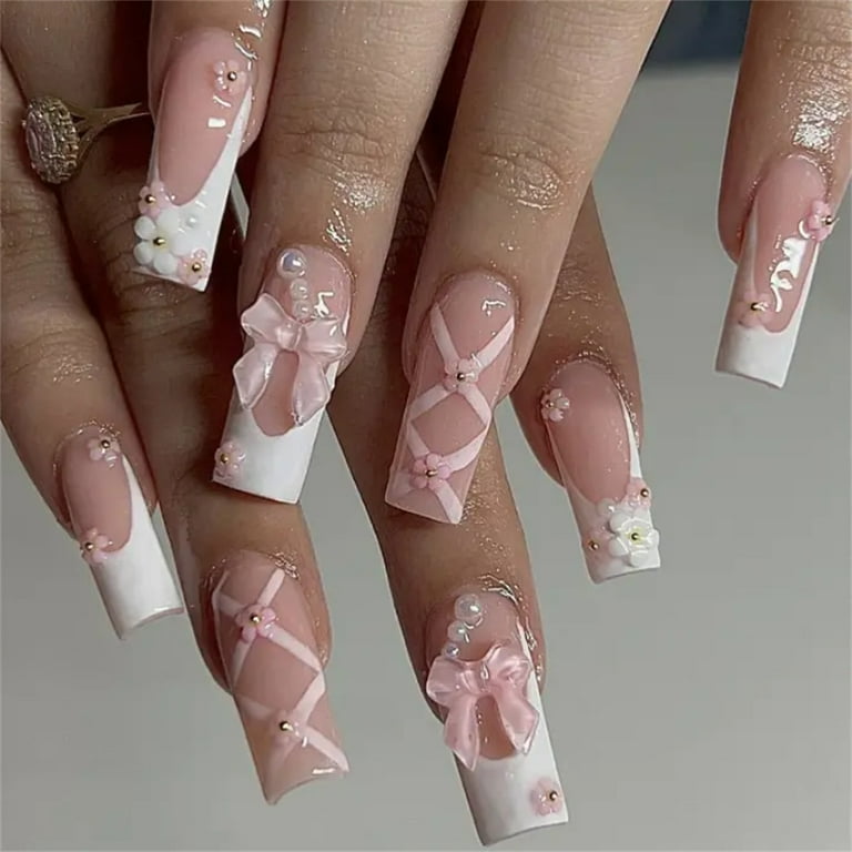 Fofosbeauty 24pcs Press on Nails Tips Coffin Acrylic Nails Flowers Cute French Pink