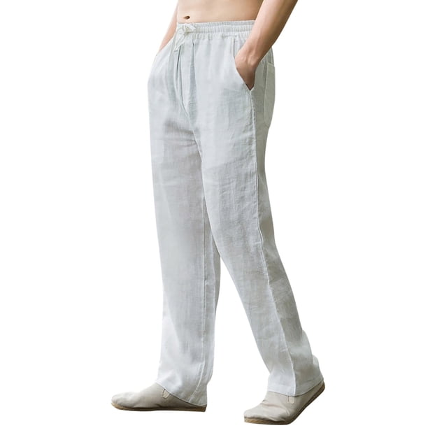 Pantalones informales de lino con cordón para hombre - Cintura elástica, bolsillos laterales - Ligeros y transpirables - Para la playa, el yoga y el verano