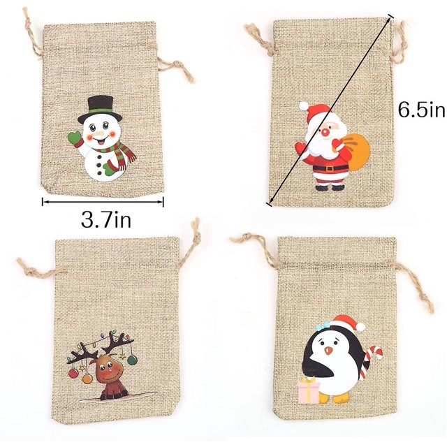 Bolsos de Lino Ccinee de Navidad de 36 unidades con cordones, bolsas de regalo de arpillera de Navidad con doble yute, 4 diseños de muñeco de nieve, Santa Claus, Pengu Feliz Sencillez