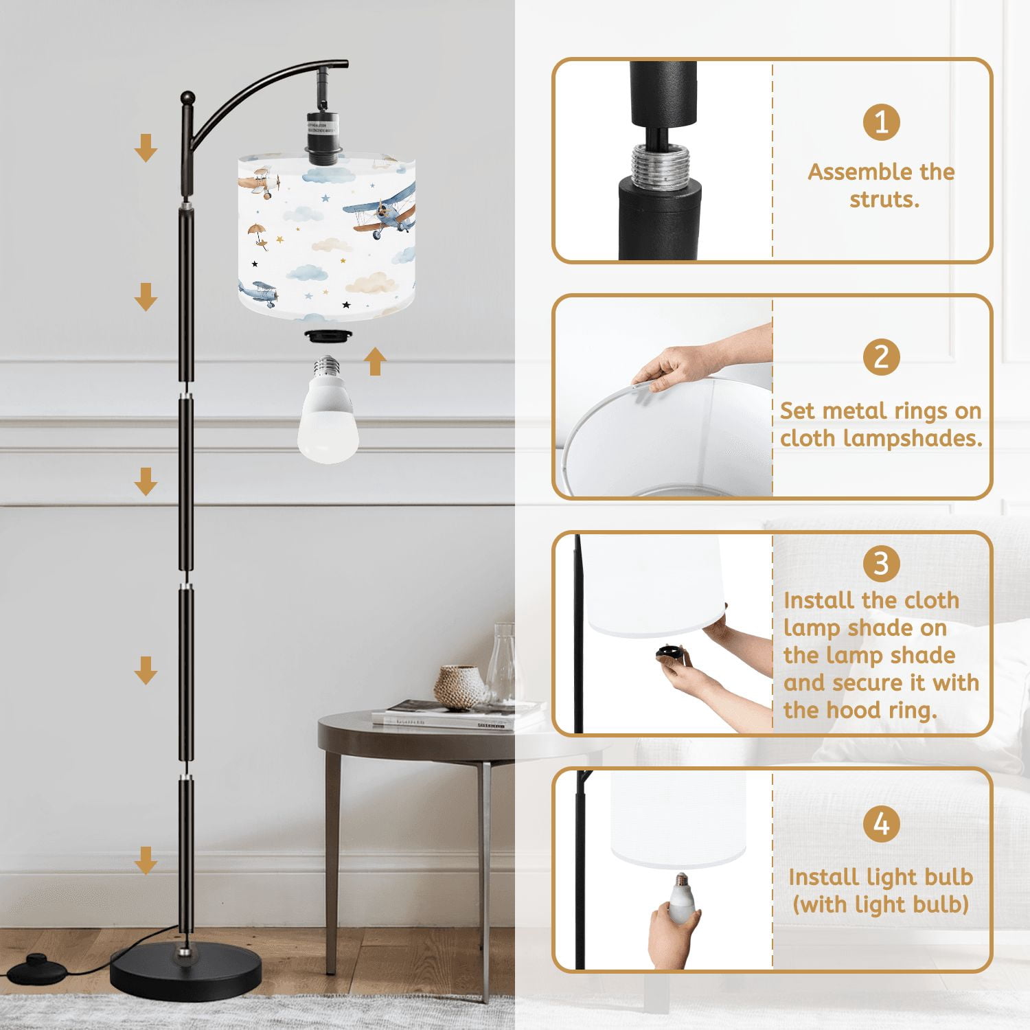Arc Floor Lamp Cute kids watercolor for boy airplanes clouds Tall Modern Standing Lamp LED Adjustable Linen Lampshade 3 Color Temperatures