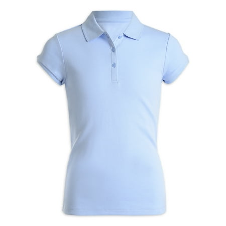 CHAPS Girls School Uniform Short Sleeve Interlock Polo With Picot Trim Collar, Sizes 2T-16