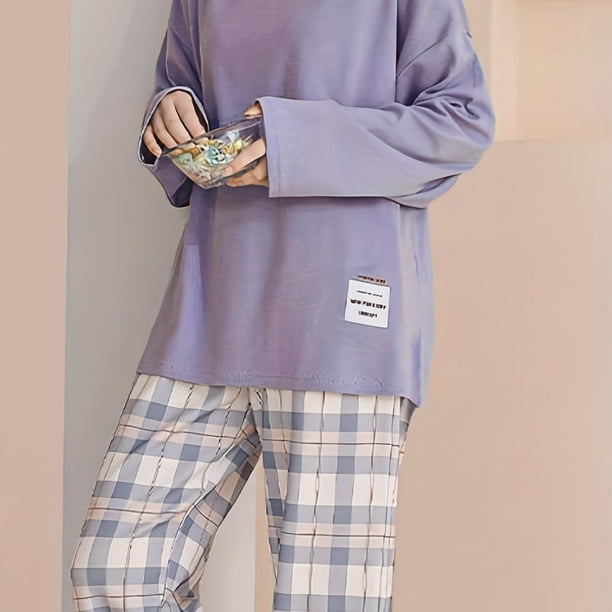 Conjunto De Pijama Con Cuello Redondo Y Estampado A Cuadros, Camiseta De Pijama Informal De Manga Larga Y Pantalón Largo Cómodo, Ropa De Dormir Y Ropa De Salón Para Mujer
