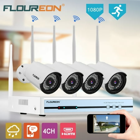 Floureon 4CH Wireless CCTV 1080P DVR Kit, Outdoor Wifi WLAN 720P IP Camera Security Video Recorder NVR (Best 1080p Cctv System)