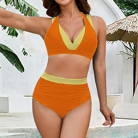 Ovticza Womens High Waisted Thong Bikini Sets Sexy Brazilian Triangle Top Halter V Neck Two Piece Swimsuit Color Block Bathing Suits Orange S