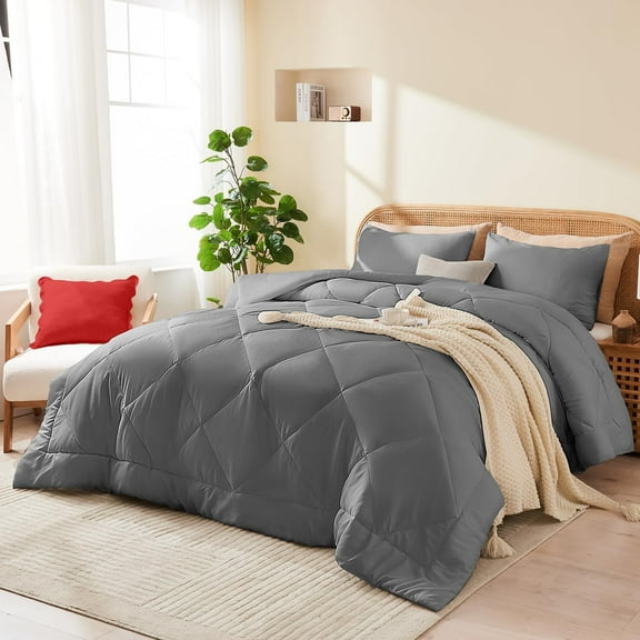 Queen Comforter Set Grey, 3 Pieces Lightweight All Season Solid Bedding Comforters Sets, Down Alternative Comforter Bed Set Quilt Blanket, (90x90In Comforter & 2 Pillowcases),Gray