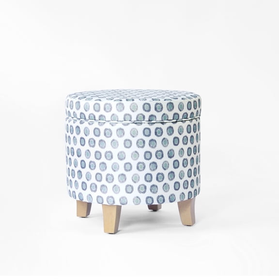Benjara Loni Round Storage Ottoman- 19" Blue Green Ikat Print- Brown