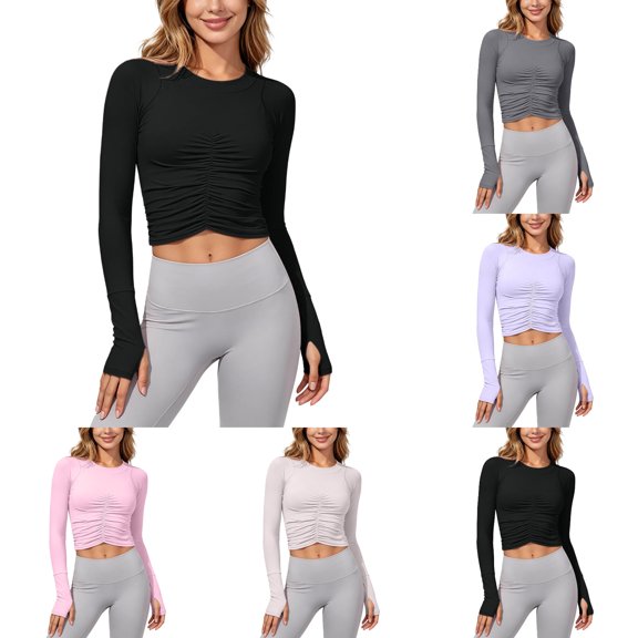 DuoJiaJ Womens Long Sleeve Crop Top, Crew Neck Ruched Stretchy Yoga Athletic Black L