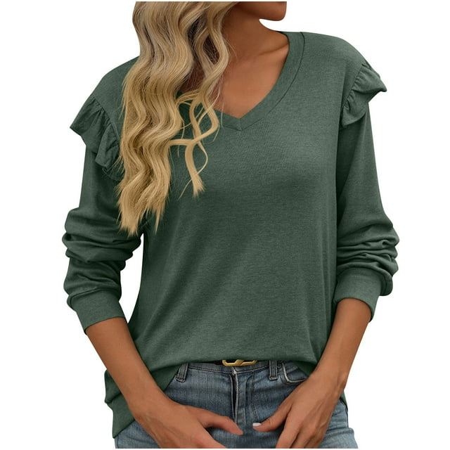 Timegard Fall Tops for Women Ruffle Long Sleeve V Neck T Shirts Casual Solid Color Comfy Blouses