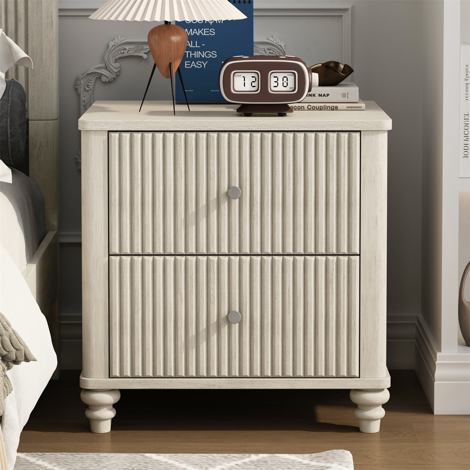 Hommoo Mid Century Modern Wooden Fluted Nightstand, 21.65" Wide Bedside End Table Side Table with 3 Drawers and Metal Handle, for Bedroom, Living Room, Closet, Beige