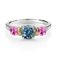 thumbnail image 2 of Gem Stone King 925 Silver and 10K Yellow Gold 3-Stone Diamond Ring Cushion Persian Blue Moissanite and Created Sapphire Pink (1.71 Cttw, Size 7), 2 of 3