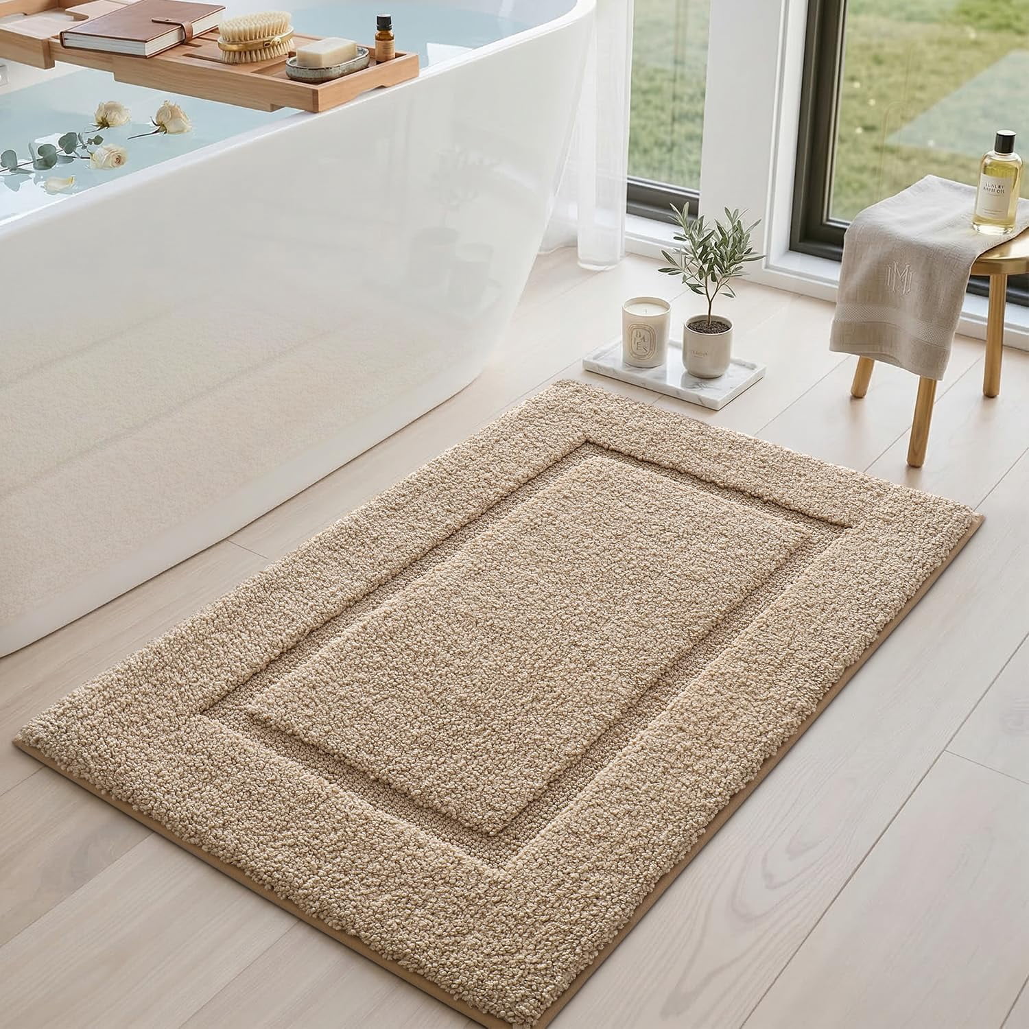Bathroom Rugs 32x20, Washable Non Slip Bath Mat for Shower Floor, Absorbent Quick Dry Bathmat with Rubber Backing, Ultra Soft Plush Carpet for Tub, Beige