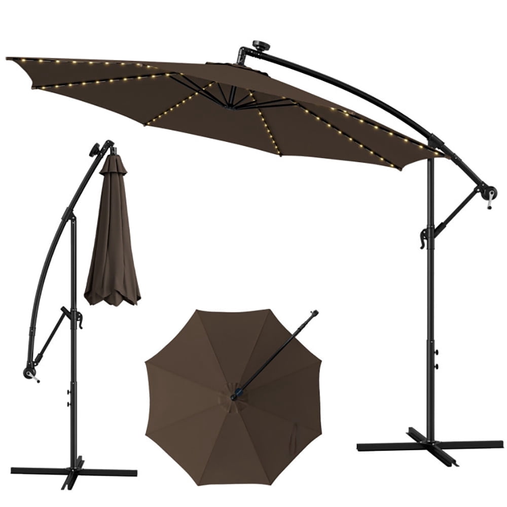 Topcobe 10 Feet Patio Offset Umbrella with 112 Solar-Powered LED Lights, Sunbrella Patio Umbrellas, Coffee