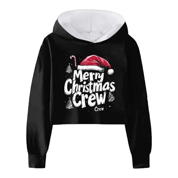 Zylarhe Girls Hoodies & Sweatshirts Christmas Kids Girls Long Sleeve Letters Solid Color Short Hoodie Top for Kids 6-7 Years Black