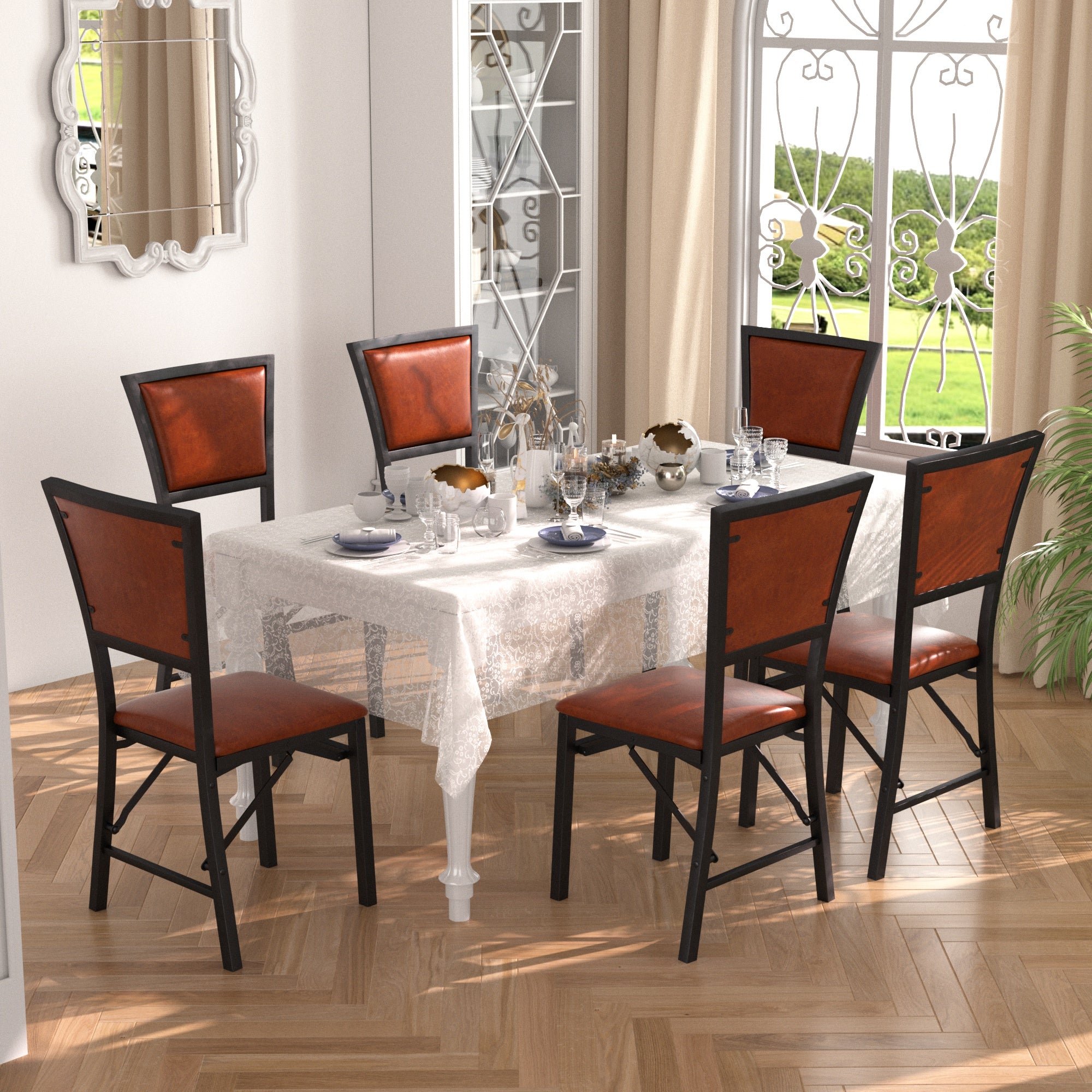 VECELO Set of 6 Metal Folding Chairs, High Back PU Upholstered Dining Chairs with Metal Frame, Modern Style Folding Chairs for Kitchen, Dining Room, Space Saving Design, Brown