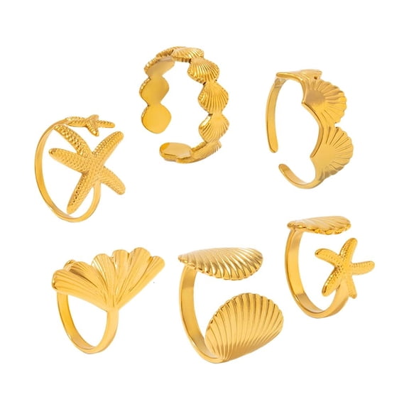 Giaone 6Pcs Shell Starfish Stackable Rings Open Toe Design Vacation Theme Alloy Jewelry