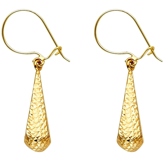 14k Yellow Gold Teardrop Dangle Earrings Hollow Diamond Cut Fancy Fashion Genuine 25 x 6 mm