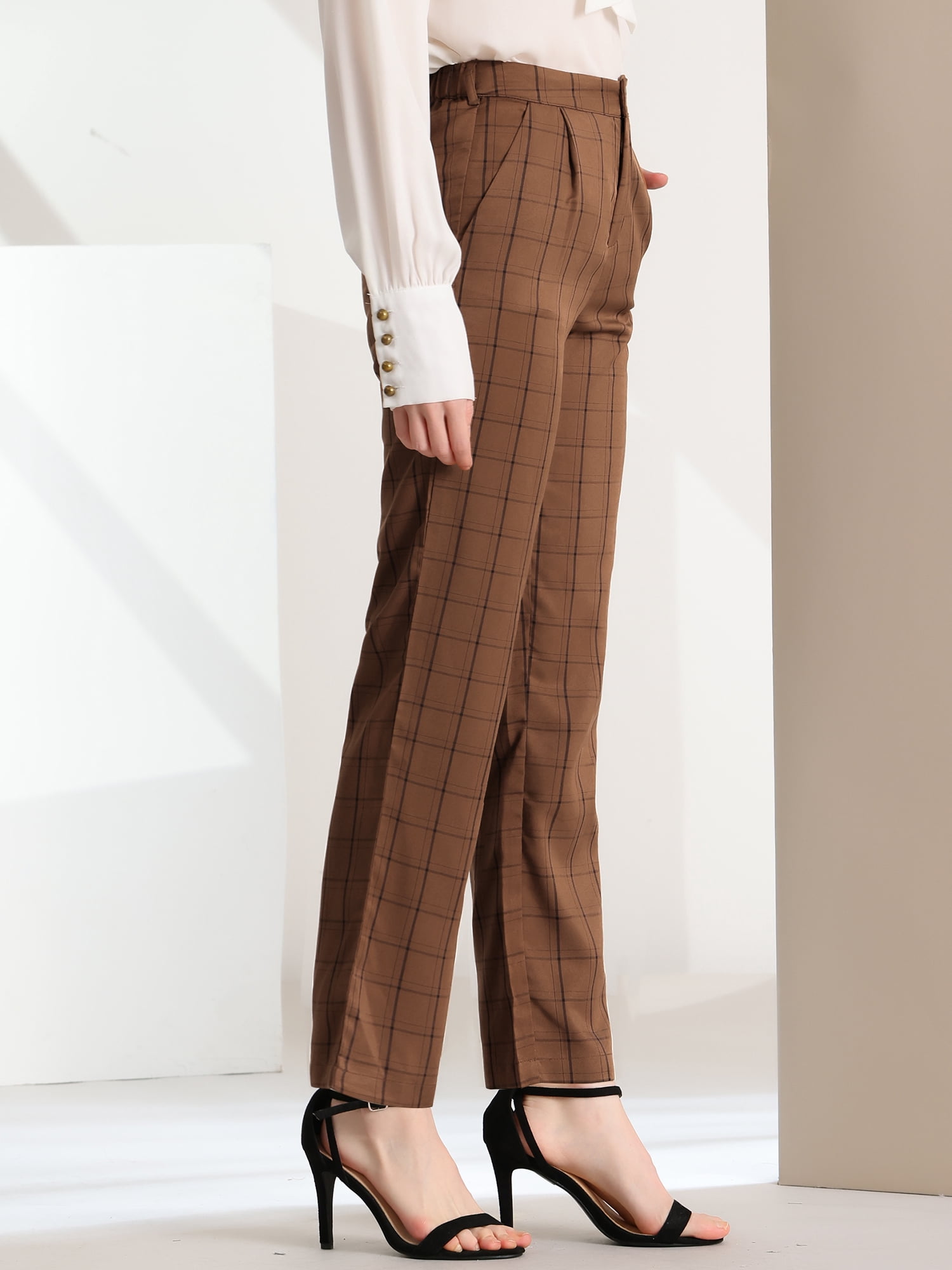 DARING DIVA Women's Plaid Trousers Pockets Straight Leg Casual Pant XS Dark Brown black