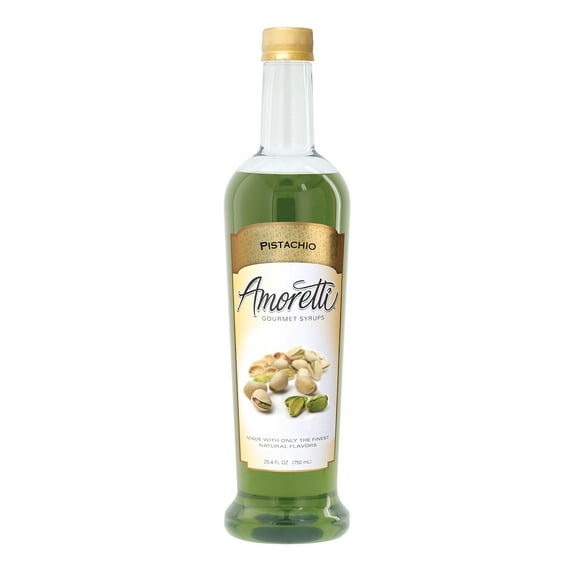 Amoretti - Pistachio Gourmet Syrup, 94 Servings Per Bottle (750 ml), for Flavoring Coffees, Cocktails, and other Beverages, Gluten Free, GMO/GEO Free, Preservative Free