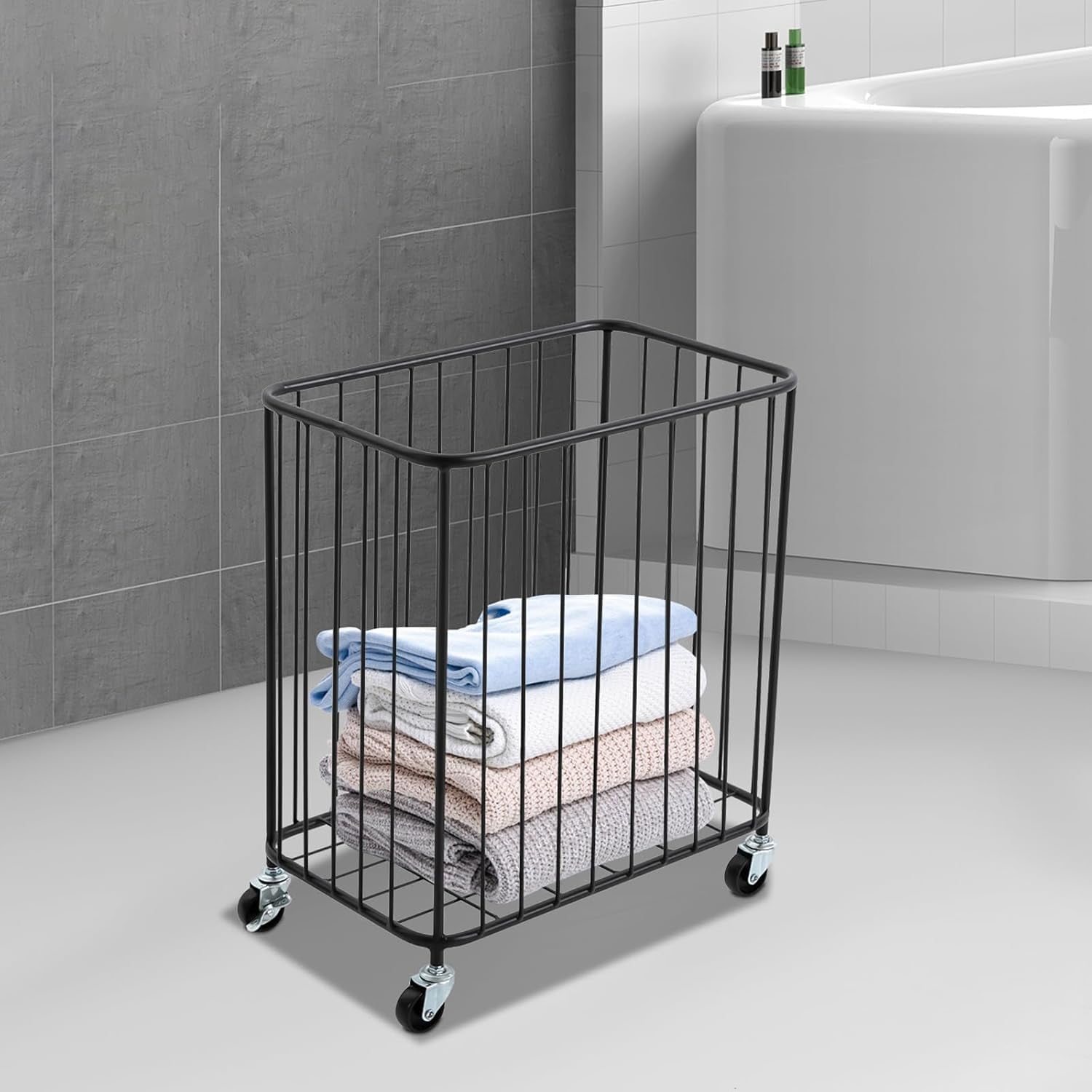 Floor Laundry Hamper with Wheels, Modern Laundry Basket Cart Rolling Storage Hamper Metal Storage Cart Gold for Bathroom Laundry Room Bedroom Living Room