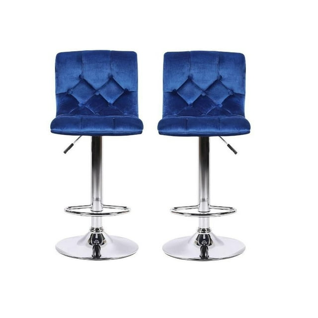 Set of two blue velvet adjustable stools featuring tufted backs, stainless steel pedestal bases, and circular footrests.