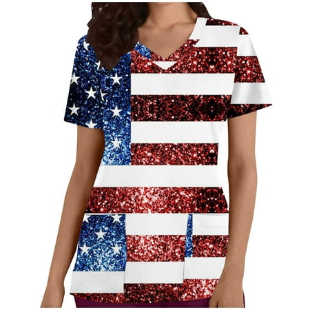 

Womens Stretch Scrubs Tops V Neck American Flag Stars Stripes Print Patriotic Shirt Breathable Comfy Nursing Scrubs with Pocket