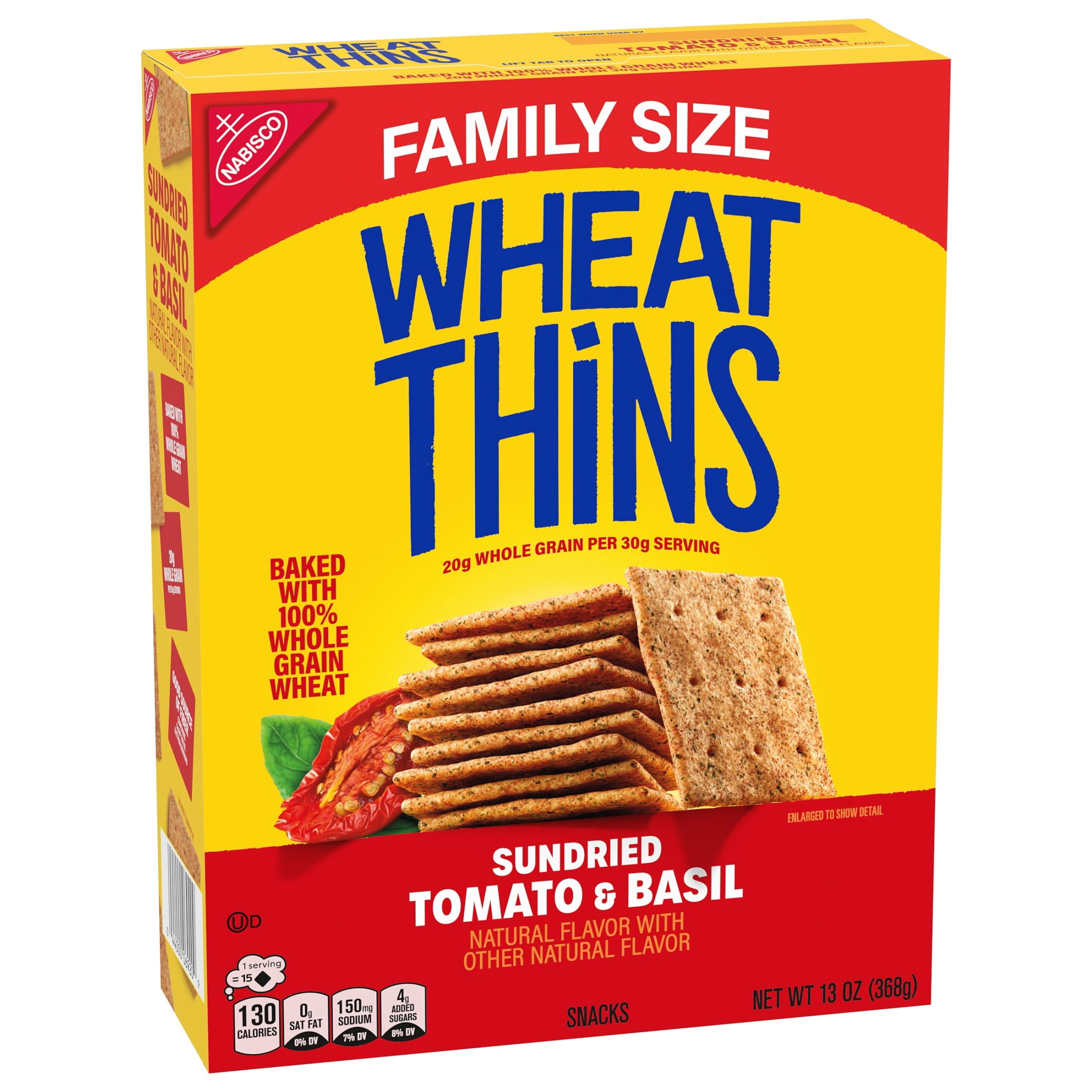 (3 pack) WHEAT THINS Sundried Tomato & Basil Snacks, Whole Grain Wheat Crackers, Family Size, 13 oz