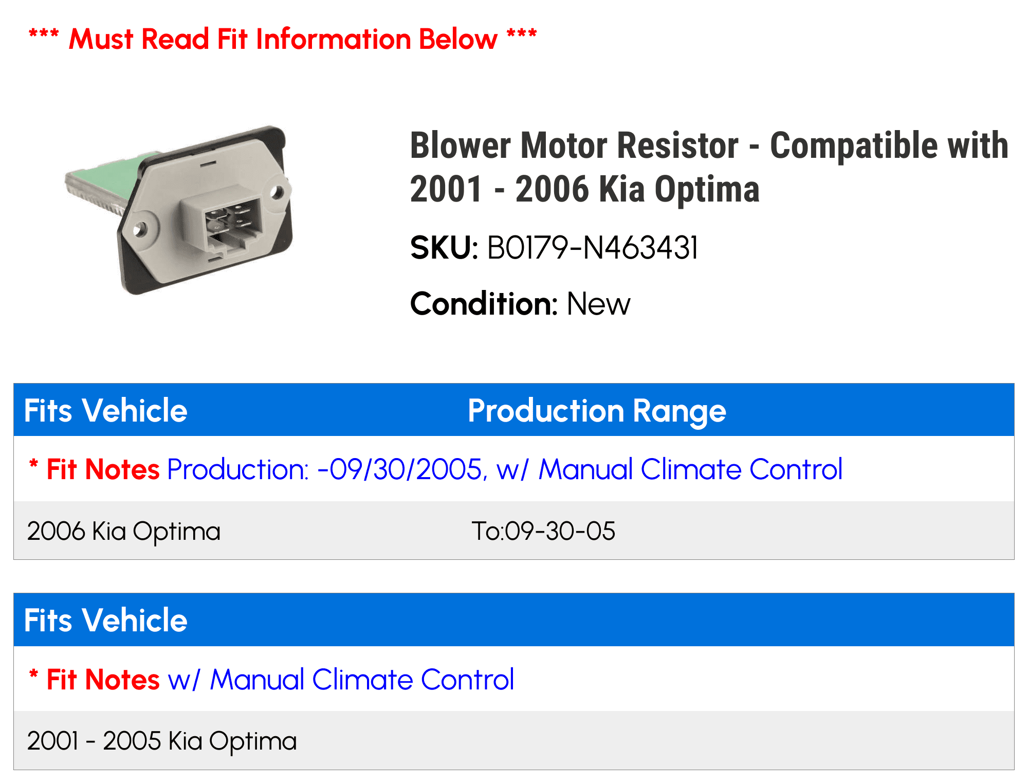 Blower Motor Resistor - Compatible with 2001 - 2006 Kia Optima 2002 2003 2004 2005