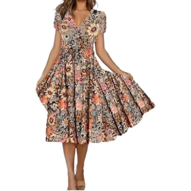 Vestido casual de verano Gibobby Cuello en V Estampado Dobladillo grande Mujer
