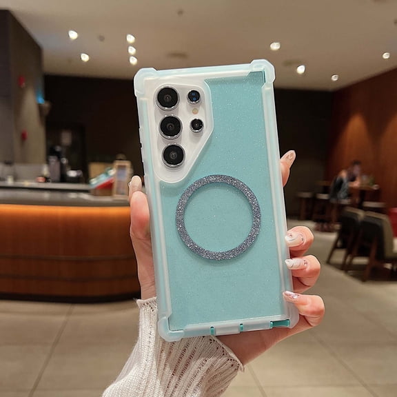 Allytechgroup Glitter Bling Clear Case for Samsung Galaxy S25, Stylish Rugged Cover Compatible with Magsafe Anti-Scratch Anti-Yellowing Bumper Shock-Resistant Phone Case for Women Girls,Blue