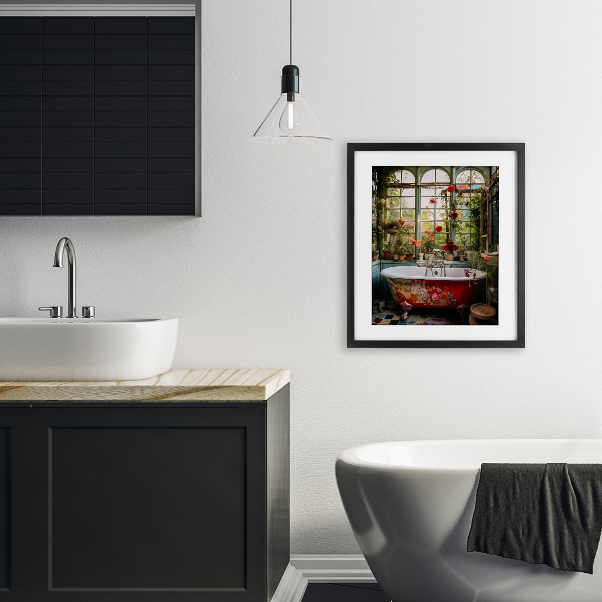 Floral Sunroom Tub Black Framed Print Under Glass, design by Lettered and Lined