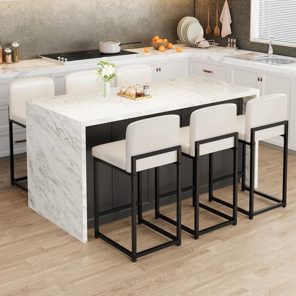Bar Stools Set of 6, Modern Upholstered Barstools with Backs, Counter Height Bar Stool Chairs for Kitchen Island, Dining Room, Metal Legs & Faux Leather, White Counter Stools